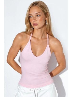 Hiccup Kadınlar Busem Slim Fit Halter Yaka Jarse Bluz Toz Pembe