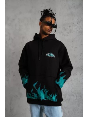 Deluxe Takı ve Giyim Erkek Üç Iplik Içi Pamuklu Alev Baskılı Kapüşonlu Sweatshirt - Siyah