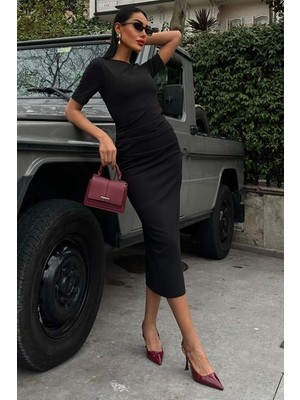 Deluxe Takı ve Giyim Beli Büzgülü Midi Elbise 2853