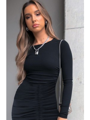 Deluxe Takı ve Giyim Kadın Uzun Kollu Bisiklet Yaka Ön Büzgülü Kaşkorse Elbise