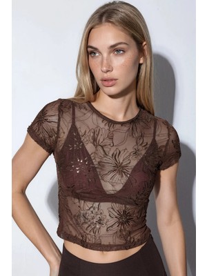 Hiccup Kadınlar Busem Çiçek Desenli Payetli Slim Fit Bluz Kahve Kahvesi