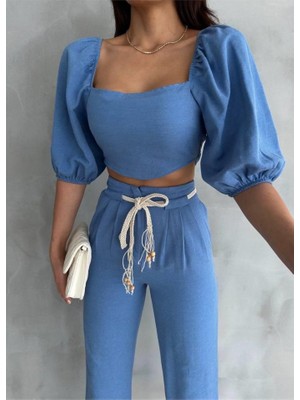 Deluxe Takı ve Giyim Keten Crop Karpuz Kol Bluz-Pantolon Hasır Kemerli - Mavi