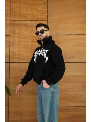Deluxe Takı ve Giyim Erkek Kapüşonlu Sweatshirt  Hoodie 3 Iplik Şardonlu Pamuklu Kumaş, Önü Baskılı, Fermuarlı Rahat Kalıp, Kışlık ve Sokak Stili Sweat - Siyah