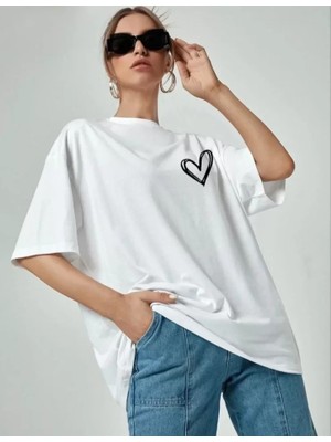 Deluxe Takı ve Giyim Bisiklet Yaka Baskılı Oversize T-Shirt - Beyaz