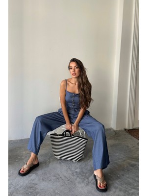 Deluxe Takı ve Giyim Tencel Crop Askılı Bluz - Şalvar Pantolon Tk - Indigo