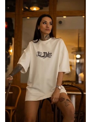 Deluxe Takı ve Giyim Unisex Bisiklet Yaka Baskılı Oversize T-Shirt - Beyaz