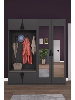 Asra Trend Lüks Aynalı Portmanto Askılı Vestiyer %100 Mdf Çok Raflı Ayakkabılık Dolabı V02