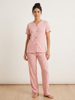 Sleeproom Fiyonklu Pointel Çiçek Desen Kısa Kol Pijama Takım