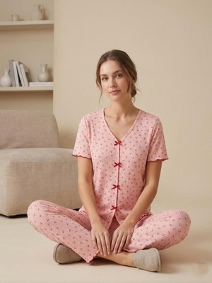 Sleeproom Fiyonklu Pointel Kiraz Desen Kısa Kol Pijama Takım