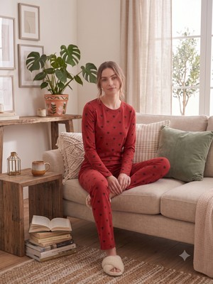 Sleeproom Bisiklet Yaka Kalp Desen Uzun Kollu Pijama Takımı