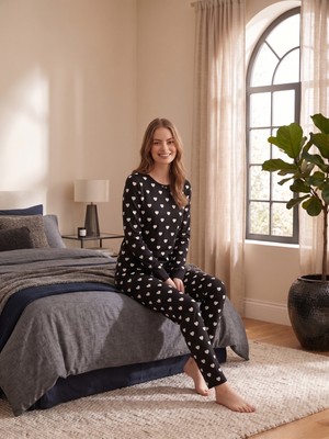 Sleeproom Bisiklet Yaka Büyük Kalp Desen Uzun Kollu Pijama Takımı