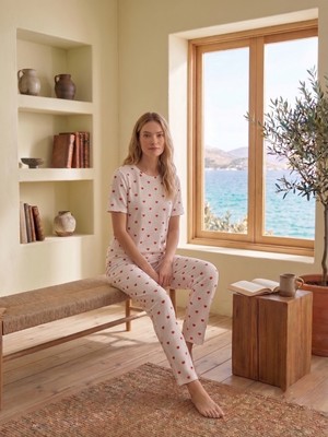 Sleeproom Bisiklet Yaka Waffle Yaka Kalp Desen Kısa Kollu Pijama Takımı