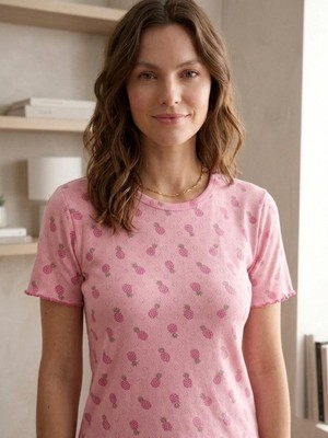Sleeproom Sıfır Yaka Pointel Ananas Desenli Kısa Kol Kadın Pijama Takımı