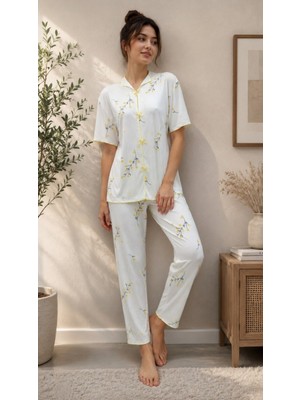 Sleeproom Fiyonklu Dik Yaka Sarı Çiçek Desen Kısa Kol Pijama Takım