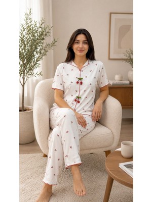 Sleeproom Fiyonklu Dik Yaka Kiraz Desen Kısa Kol Pijama Takım