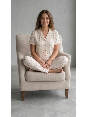 Sleeproom Önden Düğmeli Kırmızı Kalp Desen Pointel Kısa Kol Pijama Takımı