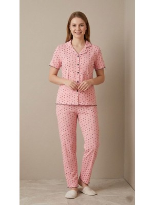 Sleeproom Önden Düğmeli Puantiye Desen Pointel Kısa Kol Pijama Takımı