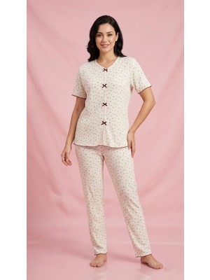 Sleeproom Fiyonklu Pointel Çiçek Desen Bordo Fiyonk Kısa Kol Pijama Takım