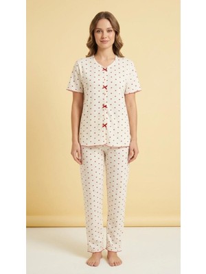 Sleeproom Fiyonklu Pointel Kalp Desen Kısa Kol Pijama Takım