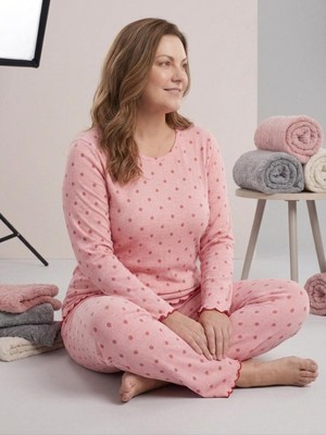 Sleeproom Sıfır Yaka Pointel Çilek Desenli Uzun Kol Kadın Pijama Takımı