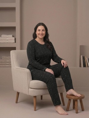 Sleeproom Sıfır Yaka Pointel Desenli Uzun Kol Işıltılı Kadın Pijama Takımı