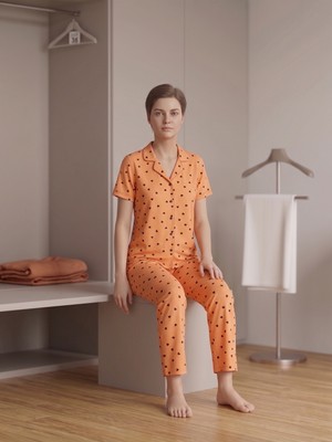 Sleeproom Yazlık Düğmeli Kalp Desen Kısa Kol Pijama Takımı