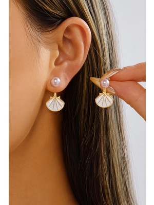 Trend Collection Pembe Deniz Kabuğu Figürlü Inci Detaylı Gold Sallantılı Küpe