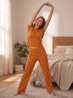 Sleeproom Bisiklet Yaka Kalp Desen Kısa Kol Pijama Takımı