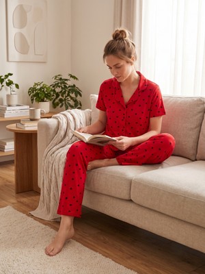 Sleeproom Yazlık Düğmeli Kalp Desen Kısa Kol Pijama Takımı