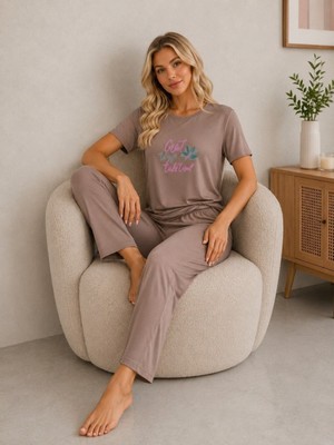 Sleeproom Likralı Viskon Great Things Bej Kısa Kol Pijama Takım