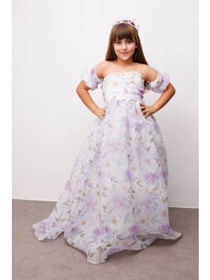 Le Mabelle Lila Çiçek Desenli Organze Straplez Kız Çocuk Mezuniyet Elbisesi - Lovisa