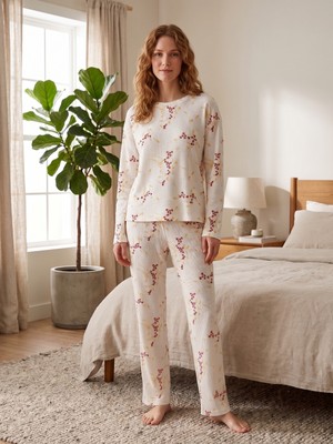 Sleeproom Bisiklet Yaka Waffle Kumaş Çiçek Desen Uzun Kollu Pijama Takımı