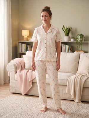 Sleeproom Yazlık Düğmeli Waffle Kumaş Çiçek Desen Kısa Kol Pijama Takımı
