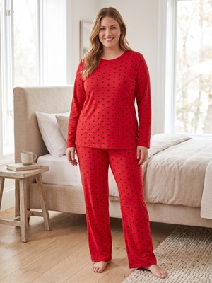 Sleeproom Bisiklet Yaka Kalp Desen Mevsimlik Kadın Pijama Takımı