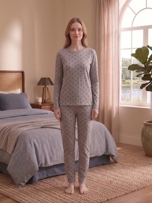 Sleeproom Bisiklet Yaka Kırmızı Kalp Desen Uzun Kollu Pijama Takımı