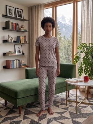 Sleeproom Bisiklet Yaka Kalp Desen Kısa Kollu Pijama Takımı