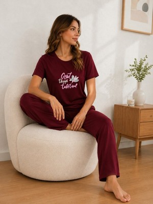 Sleeproom Likralı Viskon Great Things Bordo Kısa Kol Pijama Takım