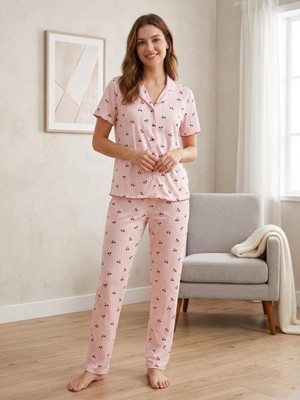 Sleeproom Düğmeli Kaşkorse Kiraz Desen Kareli Kısa Kol Pijama Takım