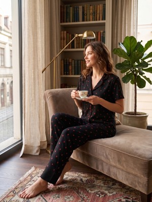 Sleeproom Yazlık Kısa Kol Düğmeli Çilek Desen Siyah Pijama Takım