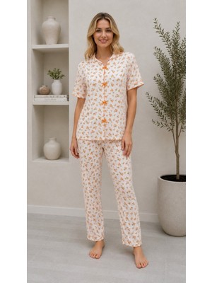 Sleeproom Fiyonklu Dik Yaka Turuncu Çiçek Kısa Kol Pijama Takım