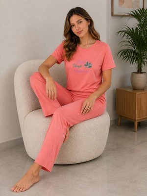 Sleeproom Likralı Viskon Great Things Pembe Kısa Kol Pijama Takım