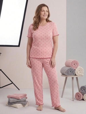 Sleeproom Sıfır Yaka Pointel Puantiye Desenli Kısa Kol Kadın Pijama Takımı