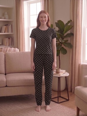 Sleeproom Bisiklet Yaka Kalp Desen Kısa Kol Pijama Takımı