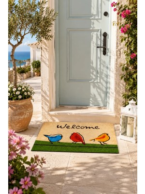Esnature Chirp Birds Renkli Cıvıldıyan Kuşlar Kahverengi Welcome Kapı Önü Paspası 45X70 cm