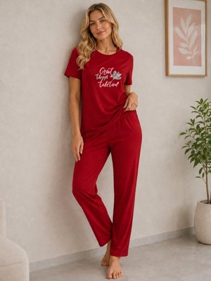 Sleeproom Likralı Viskon Great Things Kırmızı Kısa Kol Pijama Takım