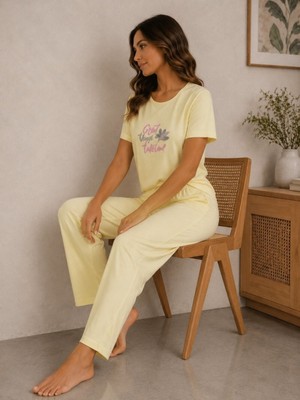 Sleeproom Likralı Viskon Great Things Sarı Kısa Kol Pijama Takım