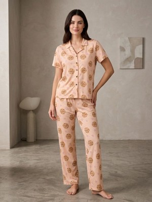 Sleeproom Viskon Düğmeli Kurabiye Desen Kısa Kol Pijama Takım
