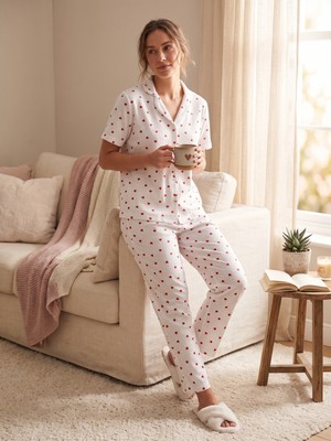 Sleeproom Yazlık Düğmeli Waffle Kumaş Kalp Desen Kısa Kol Pijama Takımı