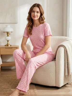 Sleeproom Sıfır Yaka Pointel Kiraz Desenli Kısa Kol Kadın Pijama Takımı