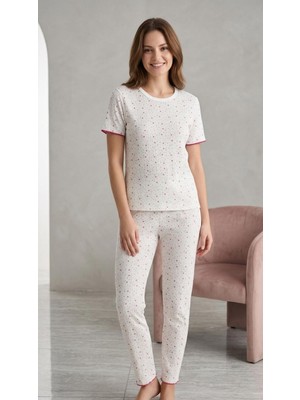 Sleeproom Sıfır Yaka Pointel Puantiye Desenli Kısa Kol Kadın Pijama Takımı